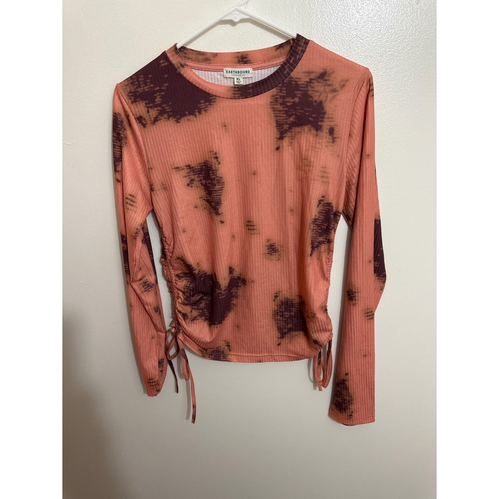Earthbound Trading Co Tie Dye Ribbed Long Sleeve Top Coral Purple XL